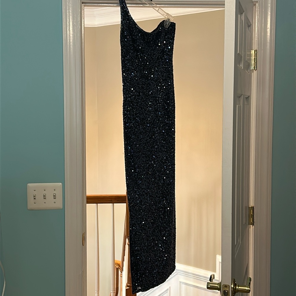 Elegant Navy Blue & Silver Sequin Gown